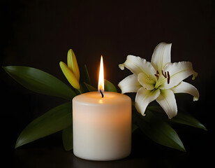 Beautiful lily and burning candle on dark background with space for text. Funeral white flowers. white lily on black background with candle burning