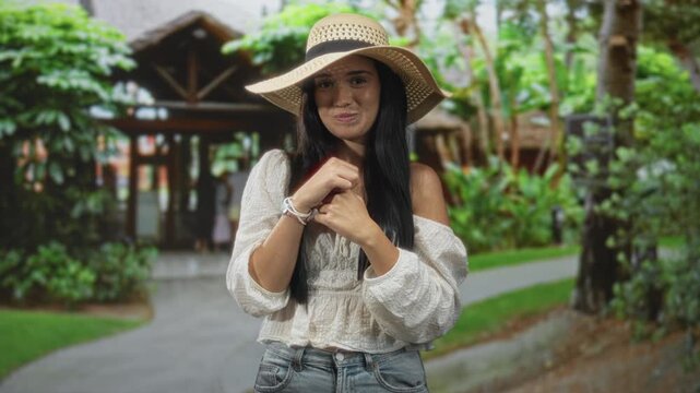 Young woman in a straw sun hat shrugs hands showing palms, off shoulder blouse and jeans, standing by a tropical building entrance; uncertainty curiosity.