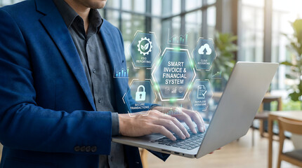 Obraz premium Businessman Managing Smart Invoice and Financial System on Laptop
