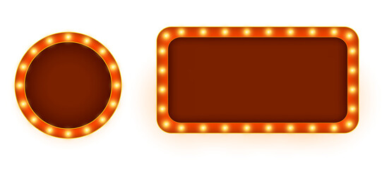 Retro light box frame border in 16:9 aspect ratio with glowing red marquee bulbs and shining vintage cinema banner style ideal for web thumbnails, presentations, promotional posters and isolated vecto © Felicety