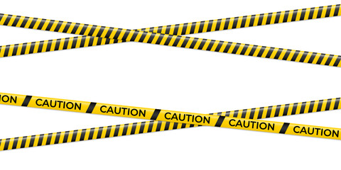Isolated crossed yellow caution tape with bold black stripes creating a realistic hazard barrier perfect for safety signage, danger warnings, construction site graphics and transparent PNG restriction