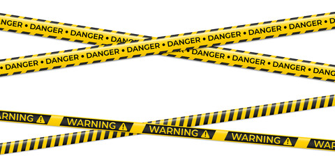 Set of yellow warning tapes with black CAUTION text and hazard stripes isolated on white background ideal for safety illustrations, construction barriers, danger zone graphics and prohibition design e