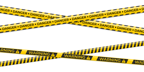 Set of yellow warning tapes with black CAUTION text and hazard stripes isolated on white background ideal for safety illustrations, construction barriers, danger zone graphics and prohibition design e