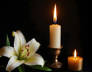 Beautiful lily and burning candle on dark background with space for text. Funeral white flowers. white lily on black background with candle burning