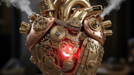 A steampunk mechanical heart with glowing red core and smoke, viewed from the front, showcasing intricate gears and copper pipes.