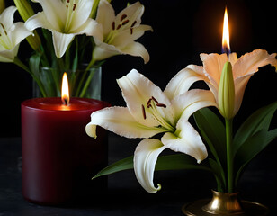 Beautiful lily and burning candle on dark background with space for text. Funeral white flowers. white lily on black background with candle burning