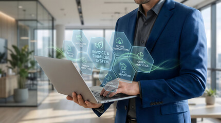 Executive Analyzing Smart Invoice and Financial System on Laptop