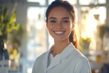 A radiant and confident medical professional smiling brightly in a bright clinical setting, showcasing the warmth and compassion of healthcare service.