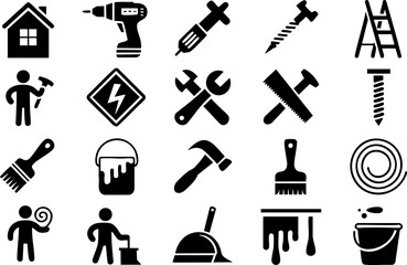Obraz premium Construction and Tools Icons | DIY Equipment, Repair, Maintenance, and Home Improvement Vector Set