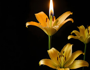 Beautiful lily and burning candle on dark background with space for text. Funeral white flowers. white lily on black background with candle burning