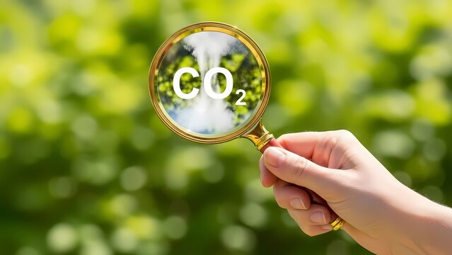 Hand holding magnifying glass focuses on co2 symbol against green leaves