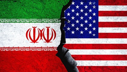 Iran and USA flags split by jagged crack.