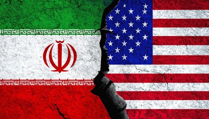 Iran and USA flags split by jagged crack.