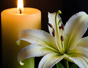 Beautiful lily and burning candle on dark background with space for text. Funeral white flowers. white lily on black background with candle burning