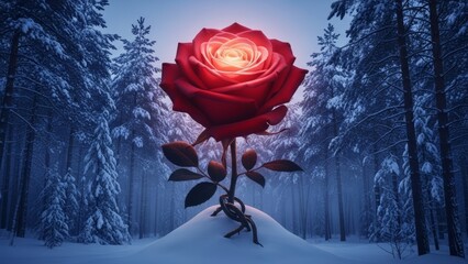 A glowing red rose stands alone on a snowy hill in a serene winter forest landscape viewed from a distance