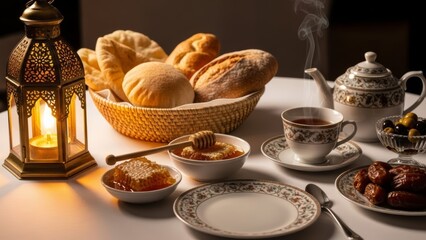 A serene breakfast scene with bread and tea on a white table, illuminated by a lantern, viewed from the side.