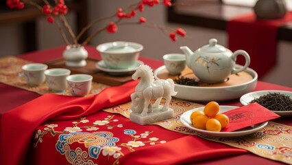 Traditional Chinese New Year celebration setup with tea, oranges, and decorative items on a red tablecloth viewed from a slight angle