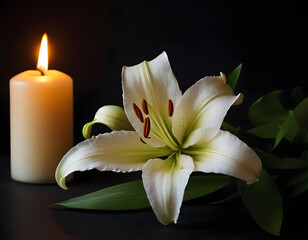 Beautiful lily and burning candle on dark background with space for text. Funeral white flowers. white lily on black background with candle burning