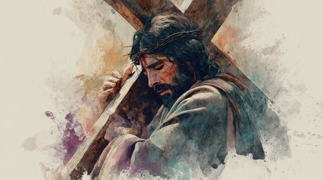 Depiction of jesus carrying the cross with crown of thorns, male, middle eastern, adult.
