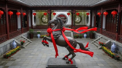 A majestic black horse statue adorned with red ribbons stands prominently in a traditional Chinese courtyard with lanterns