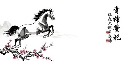 A dynamic black and white horse illustration leaping over a blooming plum branch with elegant calligraphy on the side