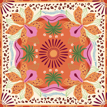 Floral tropical tile, scarf, square seamless pattern. Leopard skin spots, jungle leaves, geometric ornament, tribal elements, ethnic sun. Vector summer vacation print, background, textile design.