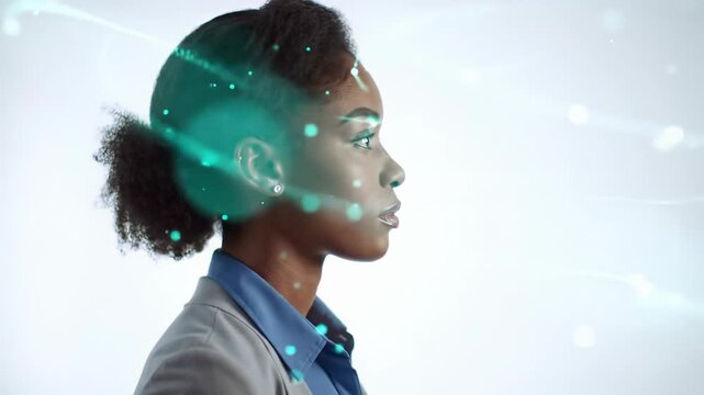 Thoughtful diverse professional in business-casual, 3/4 profile, white studio, glowing lines & particles, symbolizing intelligent thought, data, and innovation. Concept of intellect and technology