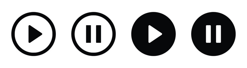 Set of Multimedia Sign Play Button Symbol Pause Stop Video Player Interface Control Rounded Outline Glyph Silhouette Icon Isolated on White Background