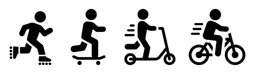 Set of personal mobility vehicles icons featuring rollers skates skateboard scooter and bike for efficient sustainable transportation options and urban commuting © Tabassum