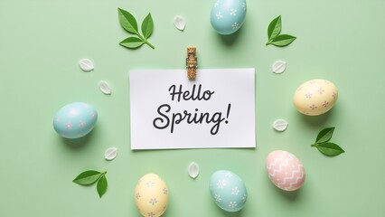 Festive Easter and spring flat lay with a "Hello Spring" message. Decorated pastel eggs, leaves, and petals on a green background