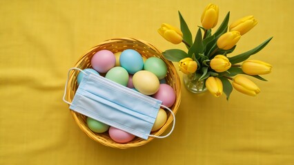 Easter during the pandemic concept with a face mask on colorful eggs. Spring holiday celebration in quarantine with yellow tulips. Flat lay with copy space