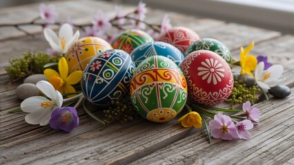 A collection of colorful, hand-painted Easter eggs with spring flowers on a rustic wooden background. Traditional folk art decoration for the holiday celebration