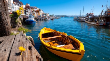 Obraz premium Traditional Wooden Fishing Boat Resting in Calm Waters of Vibrant Harbor Scene