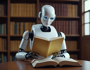 robot reading book, robot ai sits in the library and reads a book. Concept of text generation, AI training and information systematization