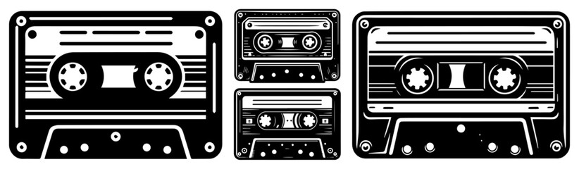 Fototapeta premium Retro audio cassette tape set, vintage 80s music mixtape, analog recording media silhouette