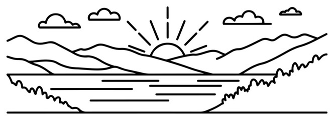 Minimalist mountain landscape line art, nature scenery with river and sunrise, outdoor adventure vector illustration © Luka