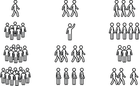 Black and White People and Crowd Icon Set Featuring Single Person Walking Groups Standing Together Large Audience Social Distancing and Human Stick Figures Collection