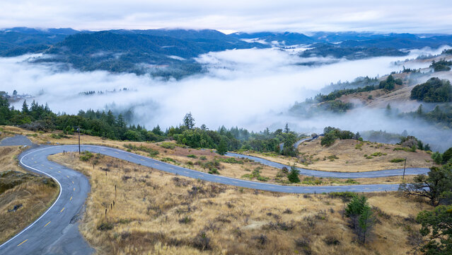 Aerial view of a winding road cutting through golden hills, with fog blanketing the valleys below, creating a serene yet dramatic landscape, California, United States.