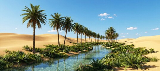 Fototapeta premium Lush green oasis amid vast golden desert sands, tall palm trees stretching along the oasis, clear water stream flowing between the trees, clear blue sky with a few small clouds, serene and enchanting