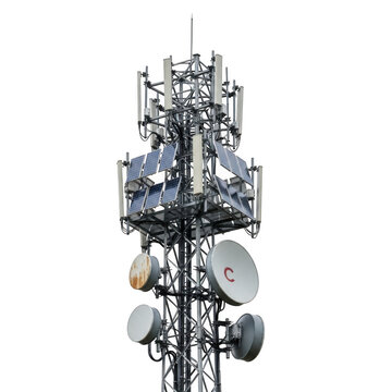 Tall telecommunications tower with multiple antennas and dishes isolated on transparent background