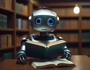 robot reading book, robot ai sits in the library and reads a book. Concept of text generation, AI training and information systematization