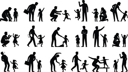 Black family and parenting silhouette set showing parents interacting, guiding, and bonding with children in daily life moments isolated on white background for social lifestyle concepts