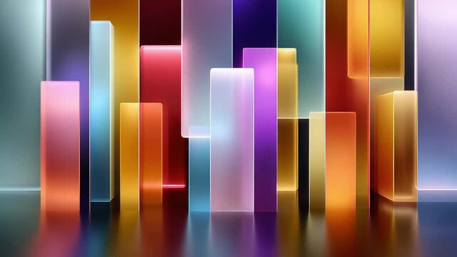 Vibrant Glass Pillars: A captivating display of multi-colored glass pillars arranged in a modern design, reflecting light and color, creating a visually stimulating artwork.