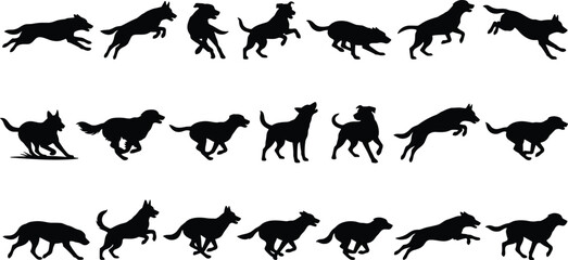 Naklejka premium Black dog silhouette set showing running, jumping and playing dog poses in motion isolated on white background for animal action design and pet concepts