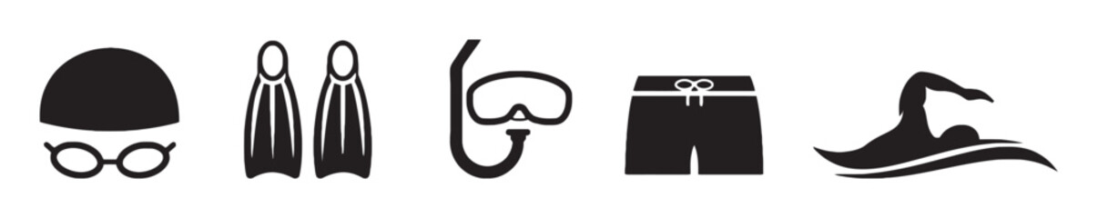 Swimming equipment including cap flippers mask shorts swimmer icon vector illustration for aquatic activity sport and recreation in healthy lifestyle isolated concept © Taniya