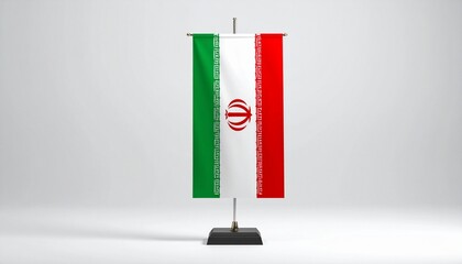 Vertical Iranian table flag on black and gold stand with green, white, and red stripes and national emblem.