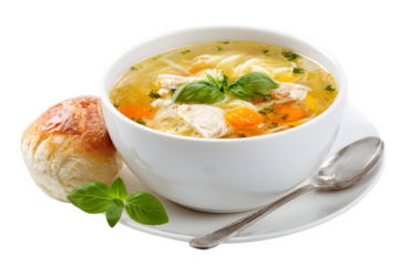 Delicious chicken noodle soup with fresh basil and crusty bread