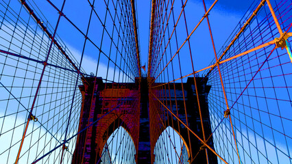 Obraz premium Illustration of the Brooklyn Bridge is one of the oldest suspension bridges in the US. Completed in 1883, it connects the New York City boroughs of Manhattan and Brooklyn by spanning the East 