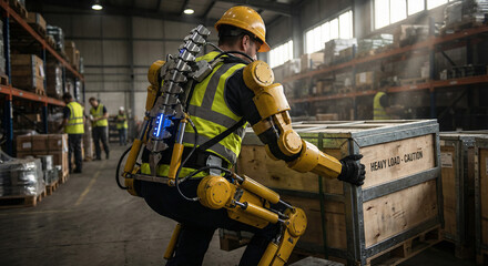 Industrial robotic exoskeleton suit on worker lifting heavy crate in warehouse