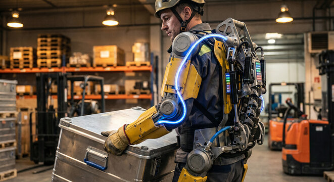 Industrial robotic exoskeleton suit on worker lifting heavy crate in warehouse